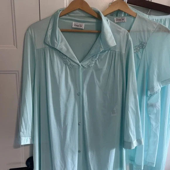 Vintage Vanity Fair Pajama Set 3 Piece Sea Foam Aqua Large - Picture 2 of 7